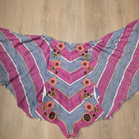 Free People Pants - Free People- Pink & Blue Striped Embroidered Boho Romper